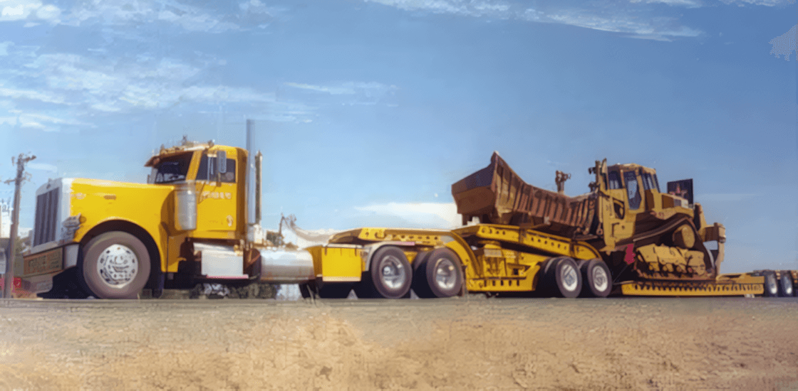 A yellow Muse Trucking truck hauling heavy machinery